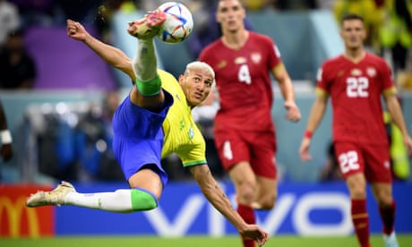 Brazil’s Richarlison takes flight for his acrobatic second goal of the game