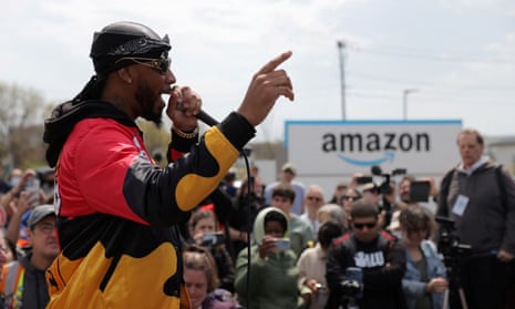 Amazon Labor Union organizer Christian Smalls speaks at an Amazon facility during a rally in Staten Island, New York, on April 24, 2022.
