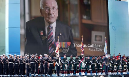 Veteran Thomas Cuthbert on a huge TV screen during the D-day event in Portsmouth.