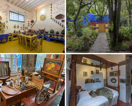 ‘A place full of places’ … Kahlo’s kitchen and garden at Casa Azul; her bed with its overhead mirror; and the easel adapted so she could paint on her back or in her wheelchair.