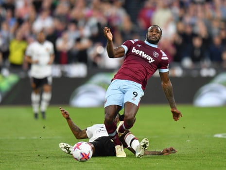 West Ham United's Michail Antonio is fouled by Manchester United's Aaron Wan-Bissaka.