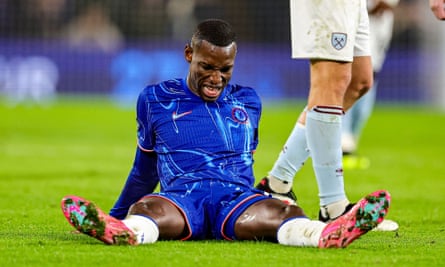 Nicolas Jackson waiting treatment on a hamstring problem during the first half of Chelsea’s recent win over West Ham