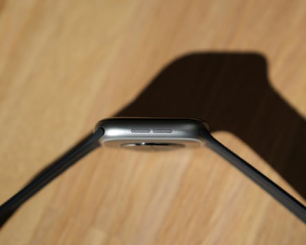 The side of the Apple Watch Series 11 showing the speaker grille.
