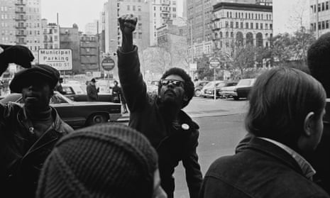 A man at a protest against the incarceration of members of the Black Panthers in New York in 1969.