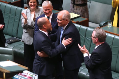 Josh Frydenberg is congratulated by the prime minister Scott Morrison after he delivered the 2019 Budget in the house of representatives chamber of Parliament House, Canberra this evening.