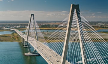 Drone Shot of Cooper River Bridge in Charleston, SC<br>Drone shot of the Cooper River Bridge, officially the Arthur Ravenel Jr. Bridge, a cable-stayed bridge over the Cooper River in South Carolina, US, connecting downtown Charleston to Mount Pleasant.