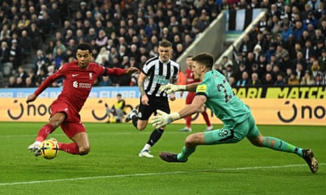 Cody Gakpo scores Liverpool’s second goal against Newcastle.