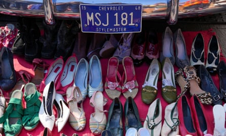Secondhand vintage shoes are displayed at the Classic Car Boot Sale in London on 15 April 2023.