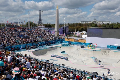 Kieran Woolley of Australia in the preliminaries of the men’s park skateboard competition at La Concorde.
