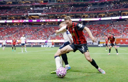 Adrien Truffert of Bournemouth tussles with West Ham’s Jarrod Bowen during the Premier League Summer Series