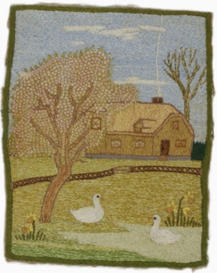 Embroidery depicting a French farmhouse, stitched by Private William George Hilton.