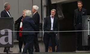 Former AFL player Sam Newman, Glenn Robbins and journalist Mark Howard arrive at the state memorial service for former Australian cricketer Shane Warne