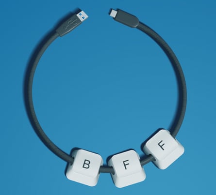 Illustration of a computer cable with keyboard letters on it that spell BFF, against blue backround