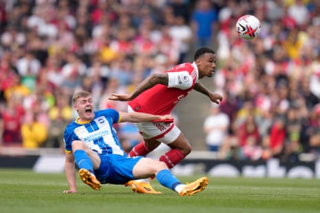 Gabriel pulls back Evan Ferguson for a Brighton free-kick.