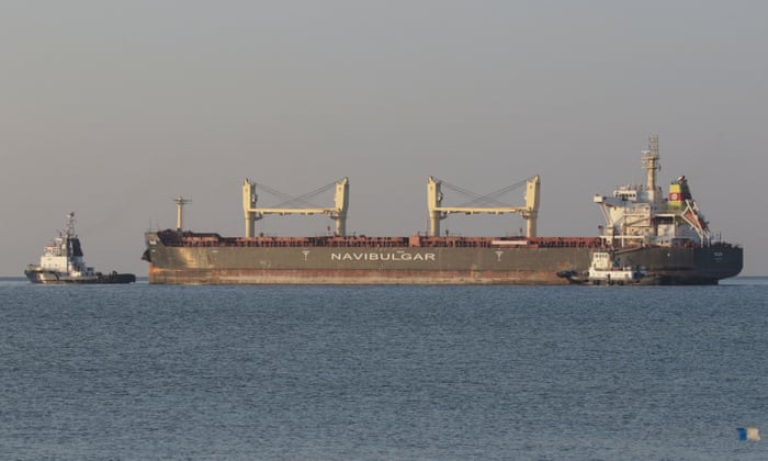The bulk carrier Rojen leaves the sea port in Chornomorsk on Friday morning