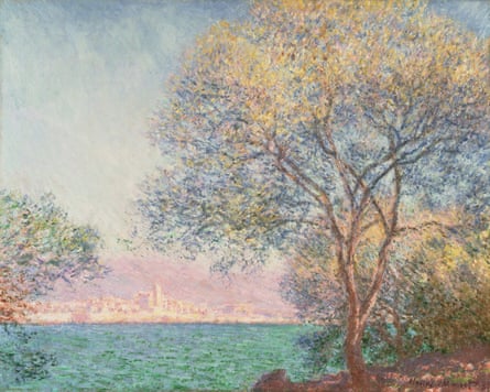 a painting of a tree-lined beach