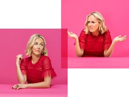 Marina Hyde in red dress against pink background