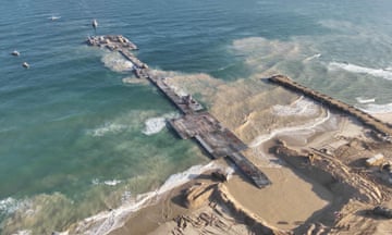 The temporary floating pier built to receive humanitarian aid in the Gaza Strip