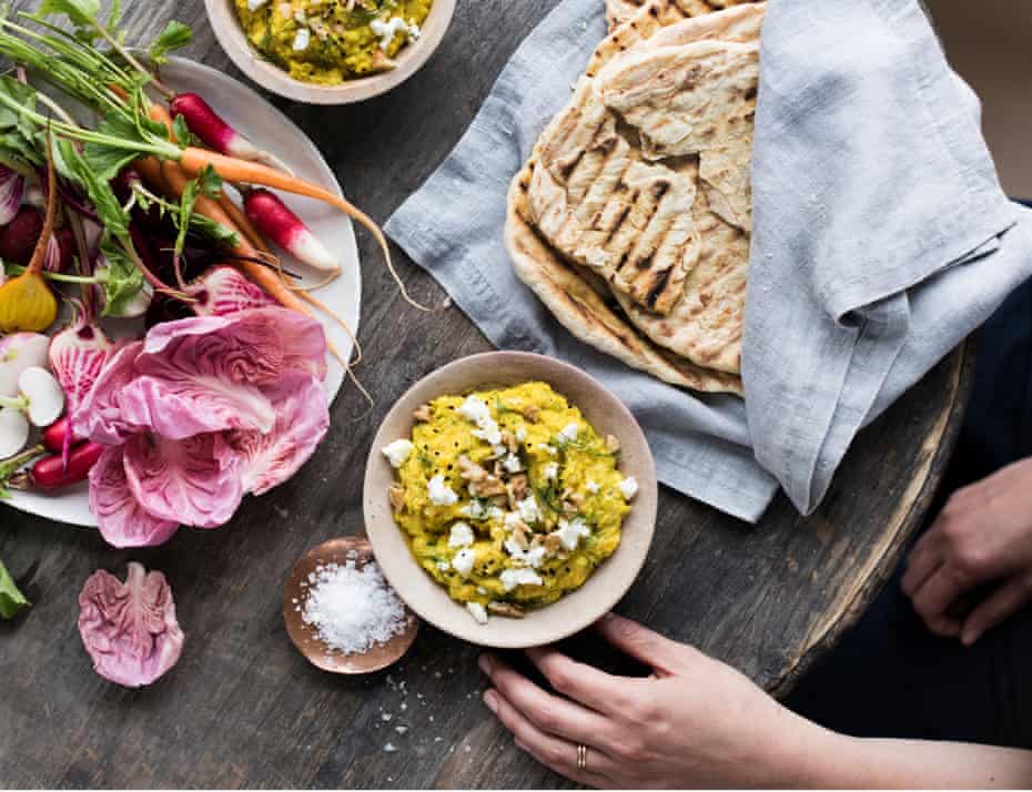 Homemade golden beetroot borani dip: eat with a stack of these fluffy, blistered flatbreads and a plate of colourful, crunchy summer veg – best enjoyed outside.