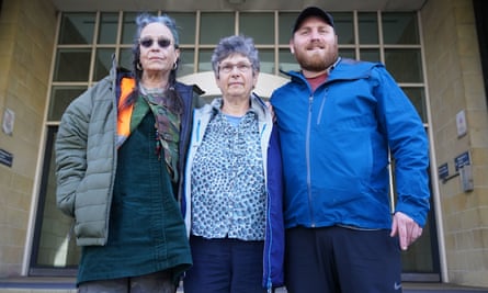 Insulate Britain members (left to right) Ana Heyatawin, Dr Diana Warner and Liam Norton before Warner’s trial