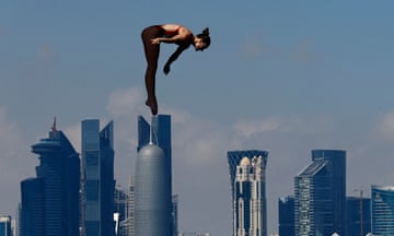 Canada's Jessica Macaulay competes in the 20m high diving semi-final during the 2024 World Aquatic Championships in Doha