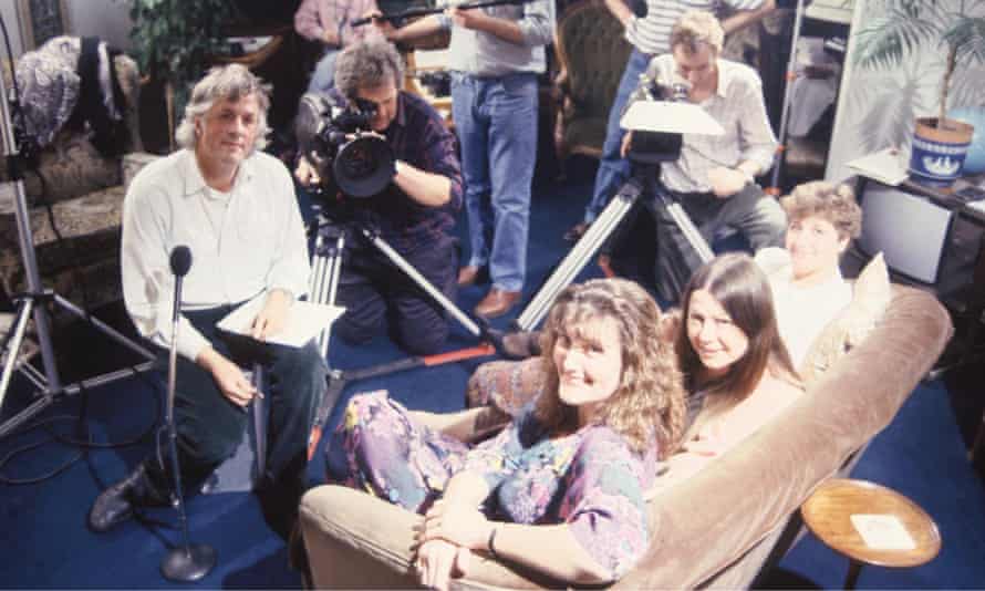 Michael Apted, left, filming 28 Up - 1984, starring, face, subjects Jackie, Lynn and Sue.  He regretted having selected only four women out of 14 for the series.