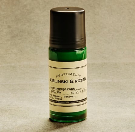 A bottle of Zielinski & Rozen Antiperspirant roll-on in black pepper, vetiver, neroli and amber.