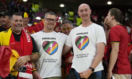Belgium fans wearing rainbow T-shirts at their team’s opening match against Canada at the Ahmad Bin Ali Stadium in Doha on Wednesday