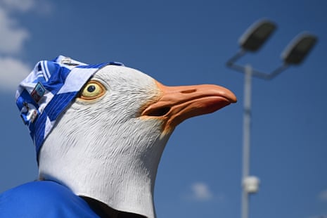 A Brighton fan wearing a seagull mask outside the Amex Stadium.