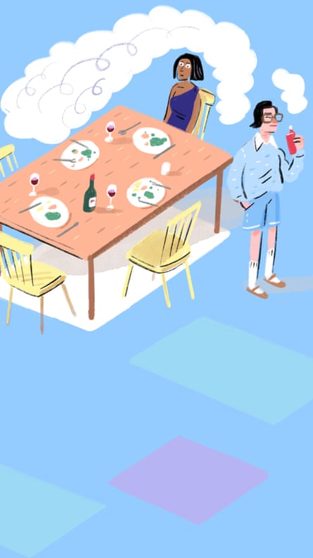 Illustration of a woman standing up and vaping next to a dinner table