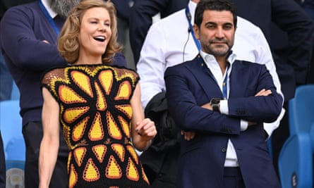 Amanda Staveley and Mehrdad Ghodoussi in the stands before the Premier League match between Manchester City and Newcastle in 2023