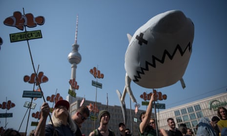 Demonstrators in Alexanderplatz, Berlin, protesting against rising rents and a tightening housing market.