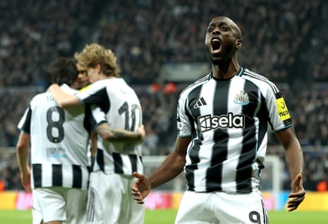 Yoane Wissa of Newcastle celebrates after scoring the opening goal against PSV.