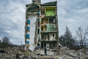 An apartment building destroyed by shelling in Borodianka, Kyiv.