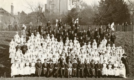 A group photograph of staff at the Town Hall hospital in Torquay where Agatha Christie worked for the majority of the war.