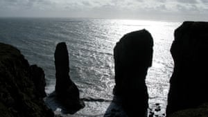 The Elegug Stacks, with the cairn clearly visible.