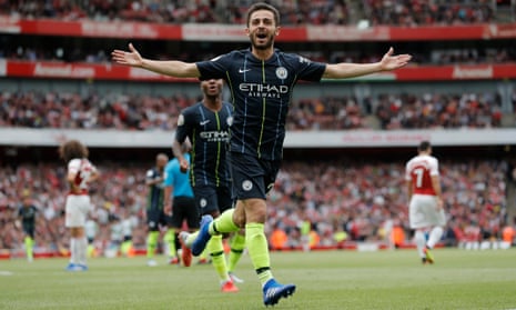 Bernardo Silva celebrates after scoring with an excellent first-time shot to secure victory for Manchester City over Arsenal at the Emirates Stadium.
