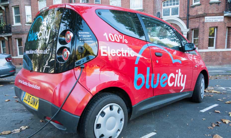 More power to the clubs … a Blue City electric car at a charging point in Hammersmith, west London.
