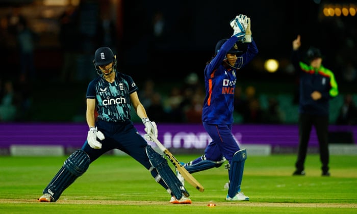 England's Amy Jones reacts after she was stumped by India's Yastika Bhatia off the bowling of Dayalan Hemalatha.