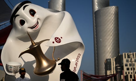A statue of the Qatar 2022 mascot, La'eeb, in Lusail on 11 November 2022.