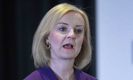 A picture of foreign secretary and Tory leadership candidate Liz Truss at the Conservative Party leadership election hustings at the Culloden Hotel, Belfast, on 17 August.