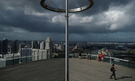 A view of a largely empty Marina Bay Skypark Observation Deck in Singapore