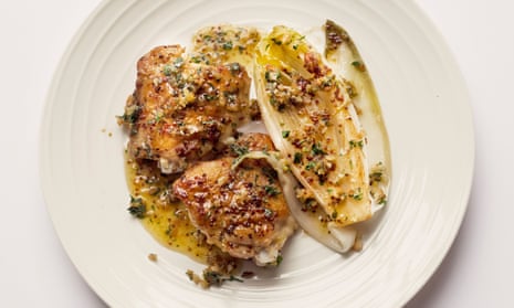 ‘Serve with its mustard and honey cooking juices’: chicken and chicory.