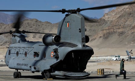 An Indian air force Chinook helicopter carrying supplies prepares to take off from a forward airbase in Leh, in the Ladakh region, on 15 September.