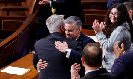 Freshman congressman Juan Ciscomani is embraced by the House Republican leader, Kevin McCarthy, in January.