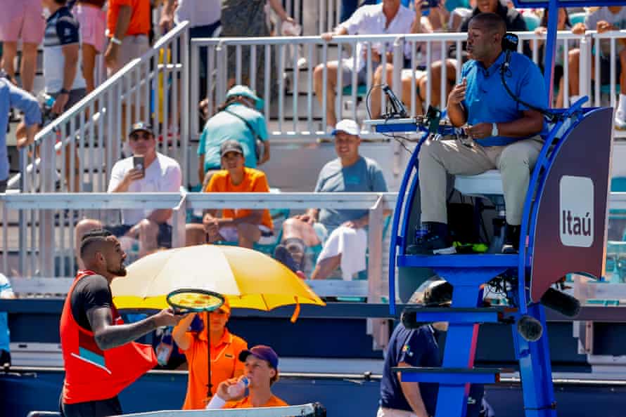 Nick Kyrgios and umpire Carlos Bernardes at the Miami Open in March.
