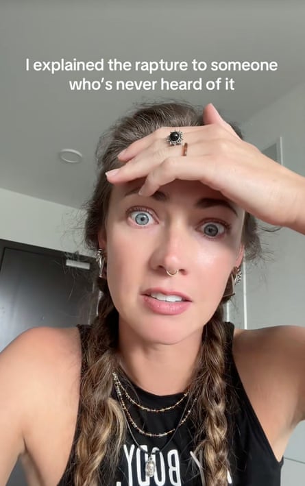 A woman looks stressed in a TikTok that’s captioned “I explained the rapture to someone who’s never heard of it’