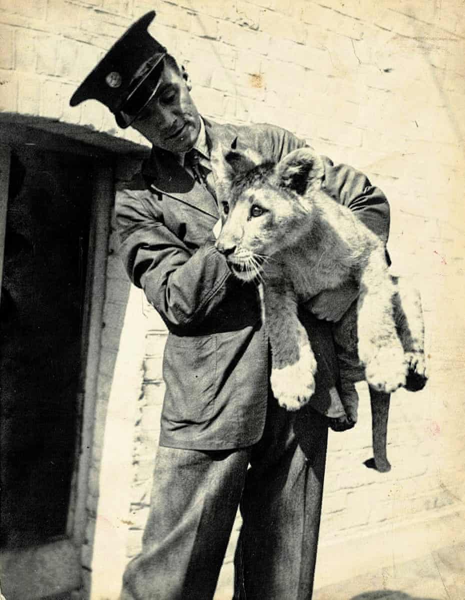 Singh with one of the zookeepers at London Zoo in 1935. The zookeepers loved Singh as he was so affectionate and tame having been brought up with children. Singh used to pinch their hats and play chase with them around his enclosure - a favourite game.
