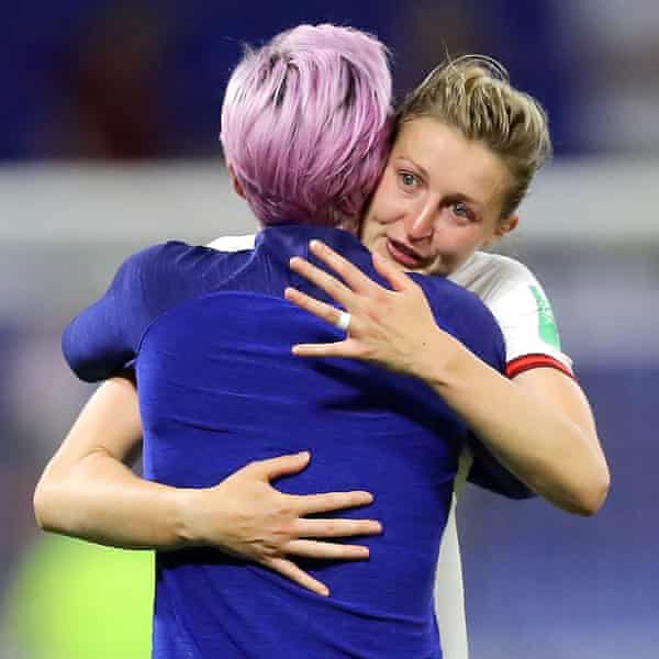An emotional Ellen White is consoled by the USA’s Megan Rapinoe after the final whistle.