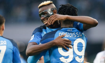 Victor Osimhen of Napoli (centre left) has been valued at £150m by the Italian champions.